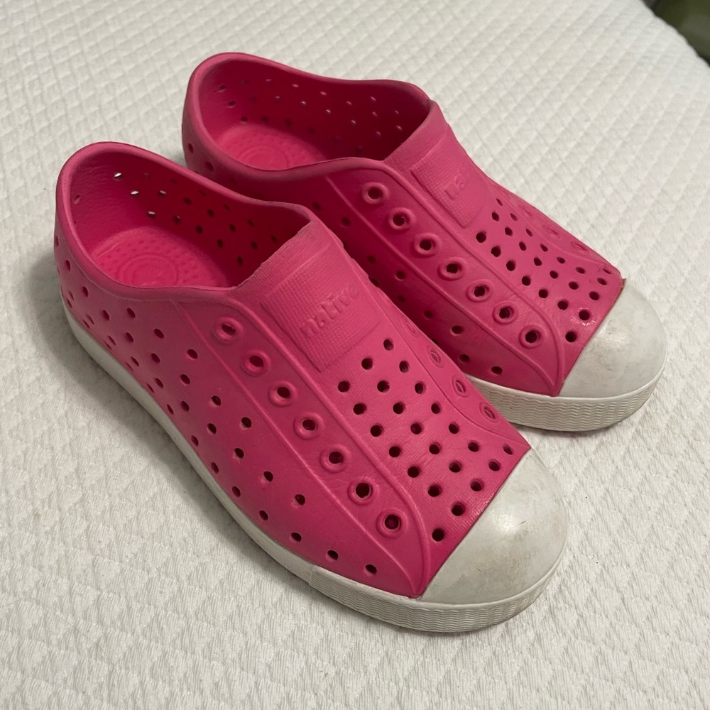 Native Bright Pink Perforated Slip-Ons with White Soles